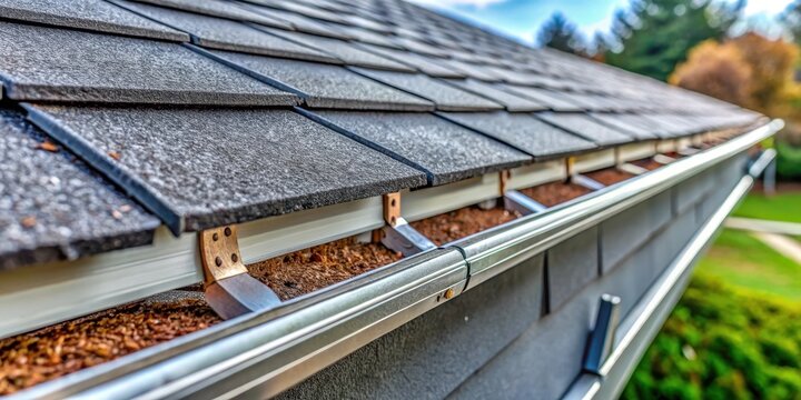 Close-up view of gutter interior with clips and edges of shingles exposed , gutters, home