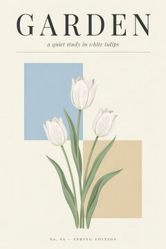 White tulips with geometric shapes on cream background