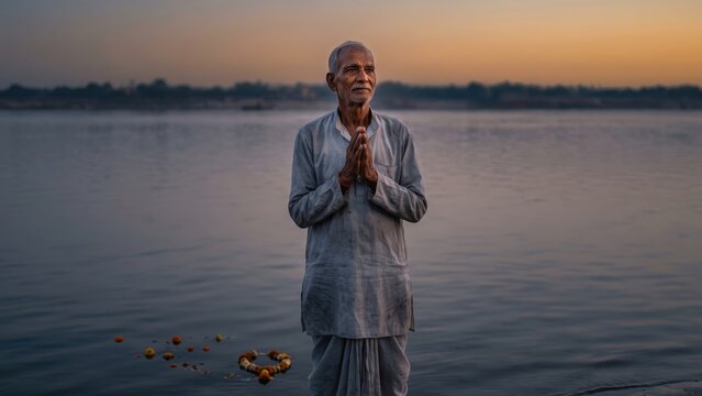 Ganesh Visarjan Farewell &ndash; Elderly Devotee Praying by the Water