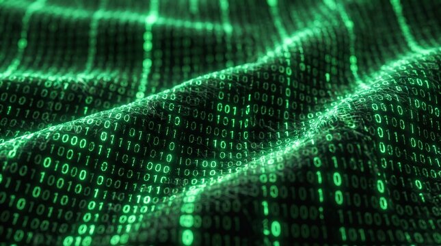 Glowing green binary code stream and digital data ribbon flowing across dark wavy matrix surface background