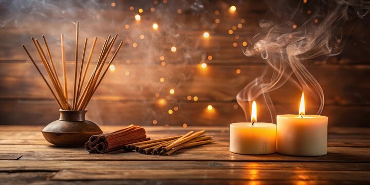 Incense sticks placed on a wooden table with soft candlelight ambiance, incense, aromatherapy