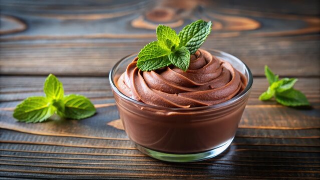 Rich, creamy chocolate mousse dessert in a delicate cup with a sprig of fresh mint leaves on top