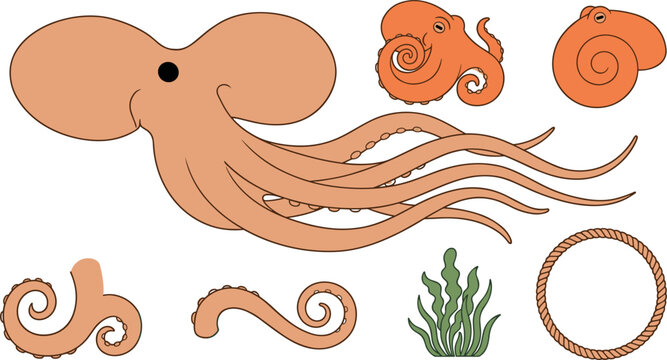 Cute Cartoon Octopus Vector Character Set with Seaweed Rope Frame and Tentacle Elements for Sea Life Graphics
