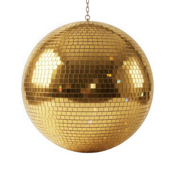 Shiny gold disco ball reflecting light isolated on transparent background