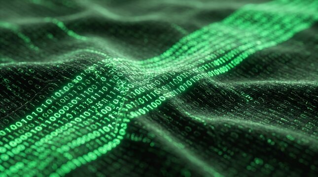 Glowing green binary code stream and digital data ribbon flowing across dark wavy matrix surface background