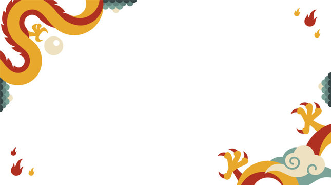 East asian dragon border frame featuring traditional mythological motifs, clouds, fire, golden scales, celestial serpent, elegant cultural decorative