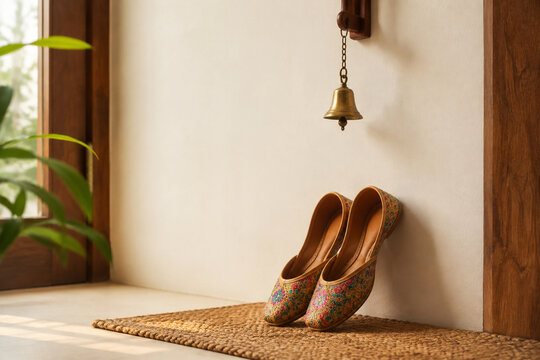 Colorful embroidered jutti shoes on jute mat with brass bell, entryway decor concept