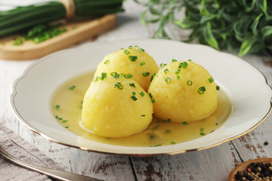 Traditional German and Austrian dish Knodel soup served for lunch