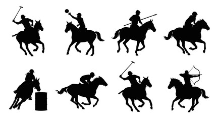 Naklejka premium Set of horse riding silhouettes in motion, polo players and equestrian sports, dynamic action poses, monochrome flat vector elements