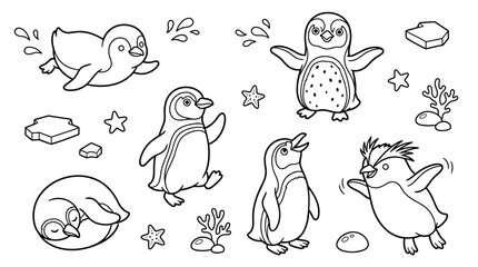 Fototapeta premium Set of cute penguins doing various activities, line art illustration for coloring book, animal characters, arctic wildlife, winter theme