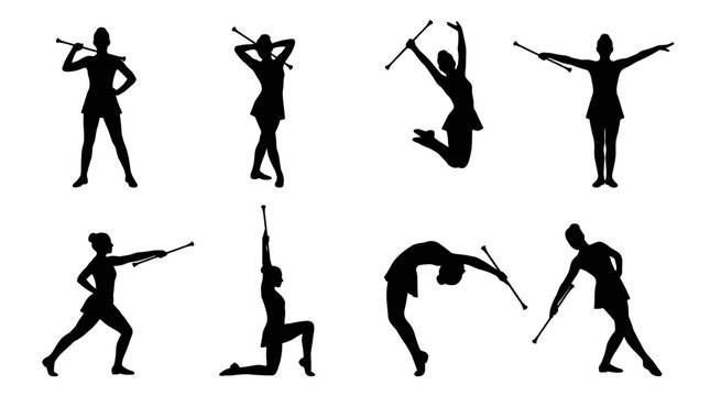 Set of isolated black silhouettes of majorettes with batons, marching band performers in various dynamic poses, dancing and spinning, vector