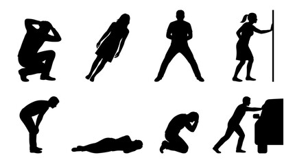 Obraz premium Set of human silhouette postures featuring people standing, pushing, kneeling, and lying, ideal for diverse narrative compositions and storytelling