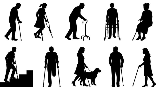 Set of human silhouettes depicting elderly people and individuals using mobility aids like canes, walkers, and guide dogs, accessibility support