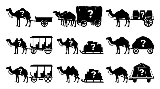 Set of silhouettes showing camels pulling various wagons and mystery cargo with question marks, travel logistics, historical transport, inquiry
