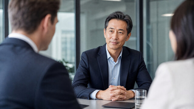 Confident Japanese businessman leading corporate meeting, professional executive listening in modern office, mature manager in suit