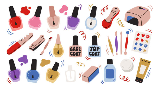 Set of colorful nail polish bottles, manicure tools, stickers, and hand care accessories for professional beauty salon, spa treatment, fashion style