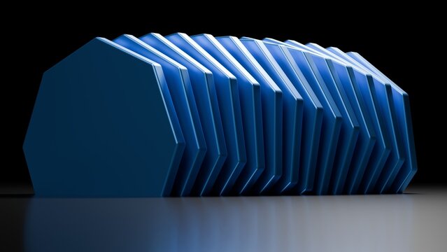 Abstract 3D blue geometric twisted hexagonal plates on dark background. Ideal commercial wallpaper for modern tech websites, corporate presentations, digital marketing, and posters