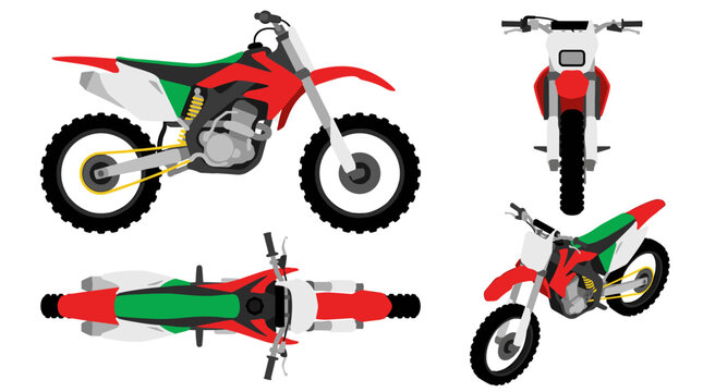 Set of motocross bike illustrations in different viewpoints, side front and top perspective, sports vehicle for racing and off-road activity