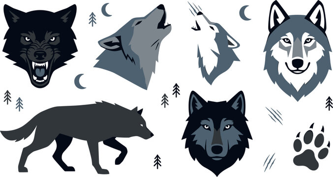Wolf Head and Silhouette Vector Icon Set with Howling Wolves Paw Print and Forest Elements for Wildlife Designs
