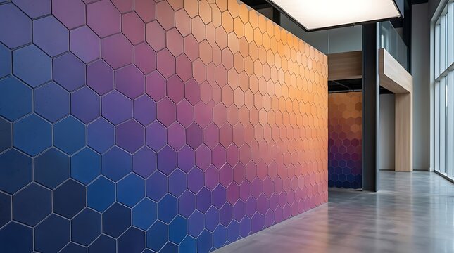 Interior wall featuring hexagonal tiles with a smooth color gradient from blue to orange in modern building