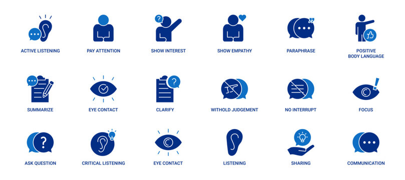Active Listening icon set containing pay attention, show interest, show empathy, paraphrase, body language, summarize, eye contact, clarify, withhold judgement, no interrupt vector concept