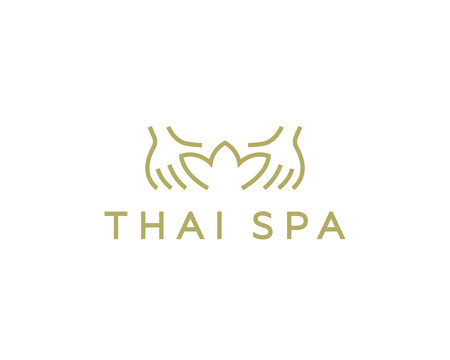 Gold hands and lotus flower logo. Premium abstract emblem for Thai spa, wellness, massage, holistic health and relaxation branding.