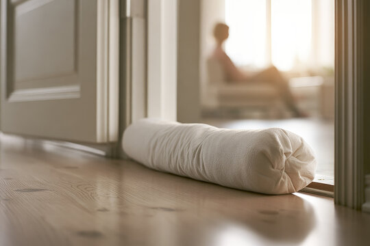 Fabric draft stopper wooden door oak floor home insulation energy efficiency interior window homeowner