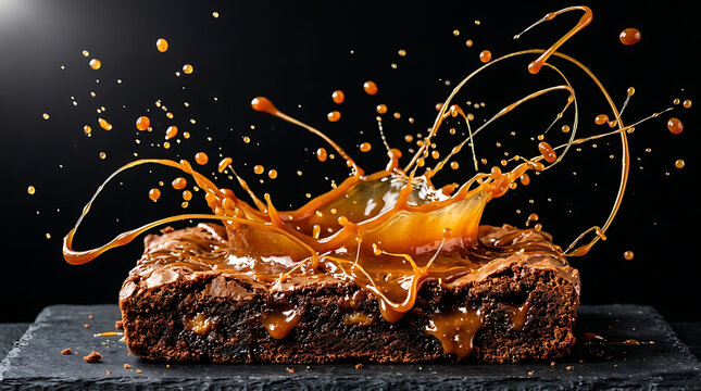 A rich chocolate brownie with a dynamic splash of golden caramel sauce against a dark background.