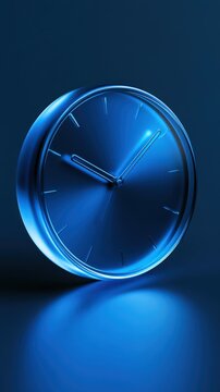 Modern minimalist blue clock with sleek metallic finish on dark background with reflection