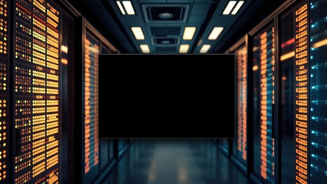 Server room interior. Racks glow with activity. Dark space emphasizes bright lights, technology infrastructure. Modern data center design.