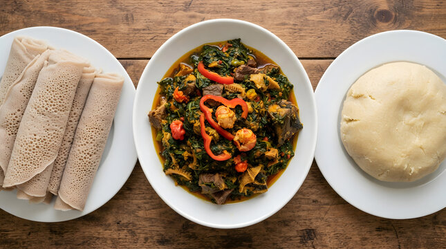 Efo riro beef spinach stew, fufu and injera flatbreads in top view. Complete African (Nigerian) main course set on wooden background, cultural related assets