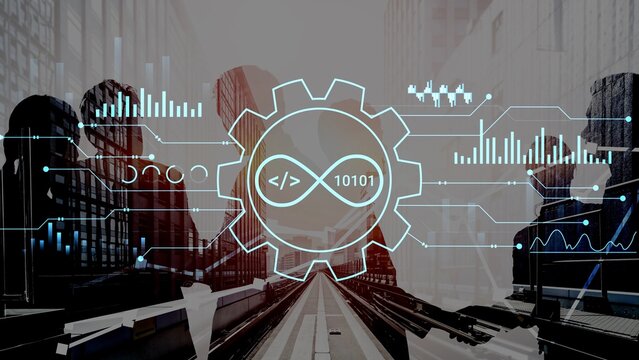 Modern Technology Concept with Gear Icon, Data Charts, Code Elements and Urban Environment for Innovation and Digital Transformation. Entropy.