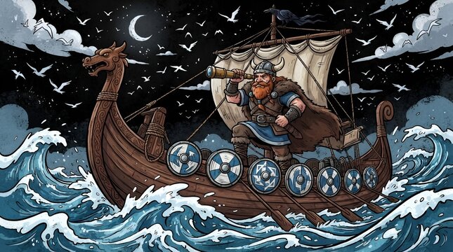 Viking explorer celebrating National Leif Erikson Day on October 9th with spyglass and ship