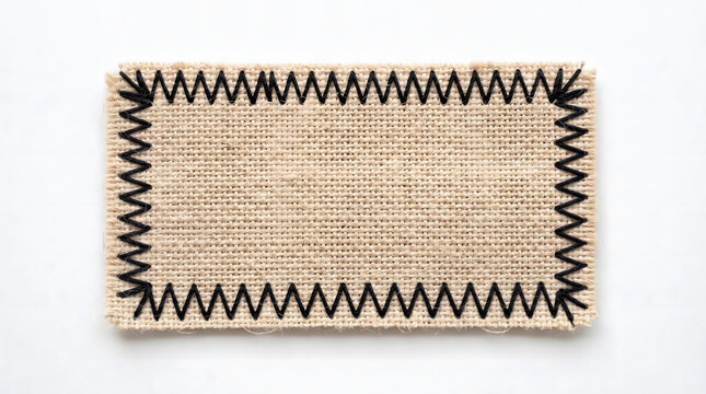Natural beige burlap fabric swatch with prominent black zigzag stitching creating a rustic rectangular border, isolated on a bright white background, ideal for craft, textile, and graphic design.