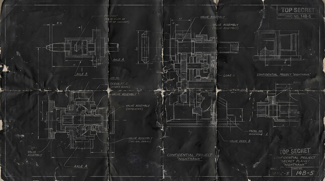 Detailed vintage blueprint illustrating intricate mechanical valve assembly and axle engineering designs for Top Secret 'Project Nighthawk' plans, on a distressed, dark, crumpled paper background,