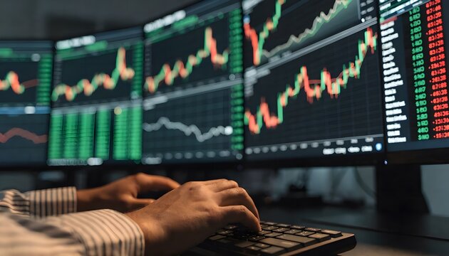 Close up trader hands working on multiple glowing monitors with stock market data overlay in dark office