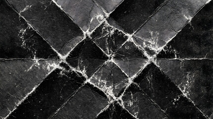 Obraz premium Dramatic dark abstract background featuring a deeply distressed black quilted texture, highlighting stark white frayed edges and a worn, aged textile pattern, ideal for grunge and modern design.