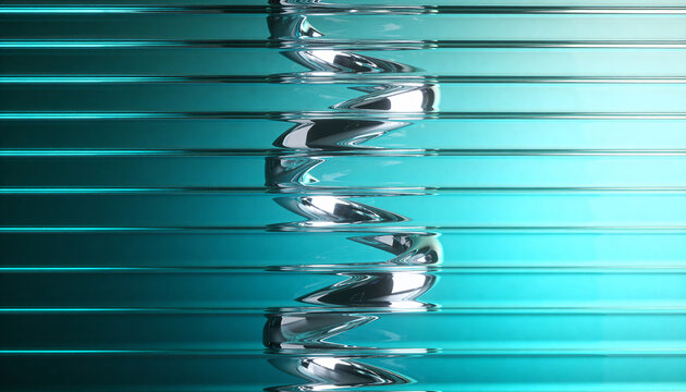 Abstract Horizontal Teal Ribbed Glass Background with Distorted Metallic Silver Reflection 3D Render Design