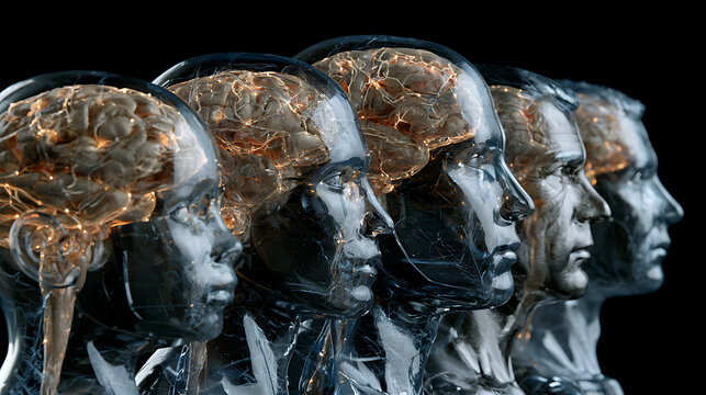 Multiple transparent human heads representing childhood and adolescence