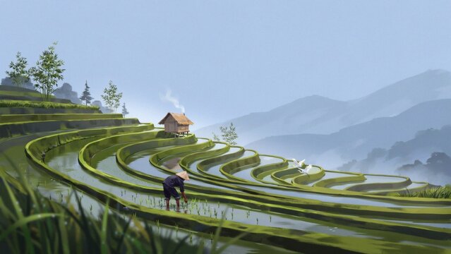 A farmer planting rice seedlings in terraced paddies with a small hut in the mountains with farmer wearing conical works flooded terraced beneath misty mountain