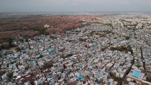 Aerial view of jodhpur, the famous blue city in rajasthan, india, with its iconic blue houses and historic architecture