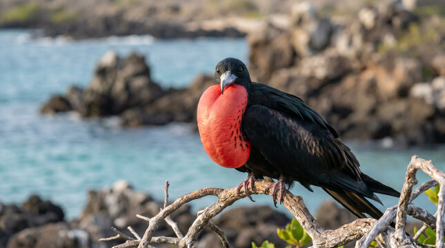Great Frigatebird Perched on Branch with Inflated Red Gular Pouch