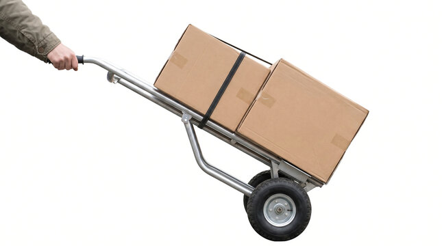 Hand Pushing Silver Dolly Loaded with Two Cardboard Boxes