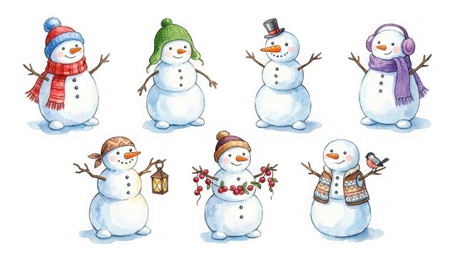 Collection of cute watercolor snowmen characters with winter accessories isolated on transparent background