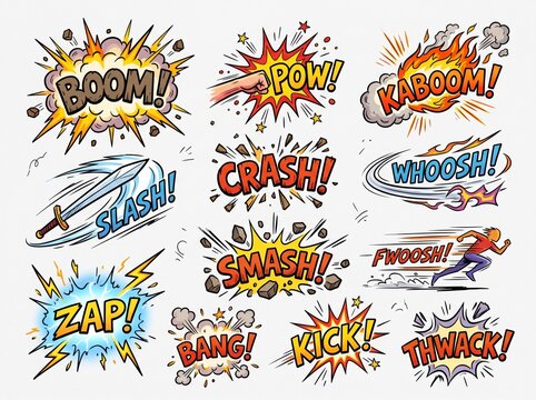A vibrant collection of comic book sound effects and action words, including 'BOOM!', 'POW!', 'SLASH!', 'CRASH!', and 'ZAP!', depicted with dynamic illustrations.