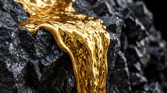 Golden liquid metal pouring over textured black ore creating a dramatic contrast that highlights the immense value and luxurious nature of gold a symbol of wealth prosperity and industrial