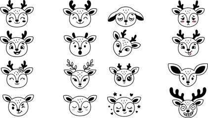 Fototapeta premium Cute Cartoon Deer Face Character Expressions Vector Line Art Icon Set for ChristmasCute Cartoon Deer Face Character Expressions Vector Line Art Icon Set for Christmas