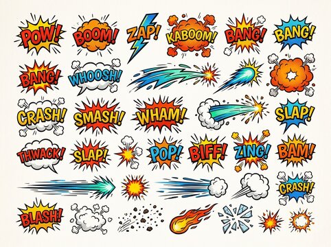 Vibrant collection of comic book sound effects and action elements like explosions, speed lines, and impact bursts, perfect for graphic design.