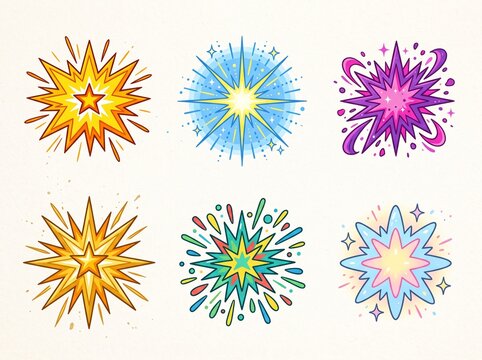 A collection of six vibrant cartoon starburst and explosion graphic elements, featuring various colors and radiating light effects for design projects.