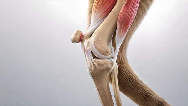 Cat knee patellar luxation veterinary 3D medical render showing displaced kneecap, feline joint anatomy and orthopedic pathology for veterinary education, healthcare design, and patient education